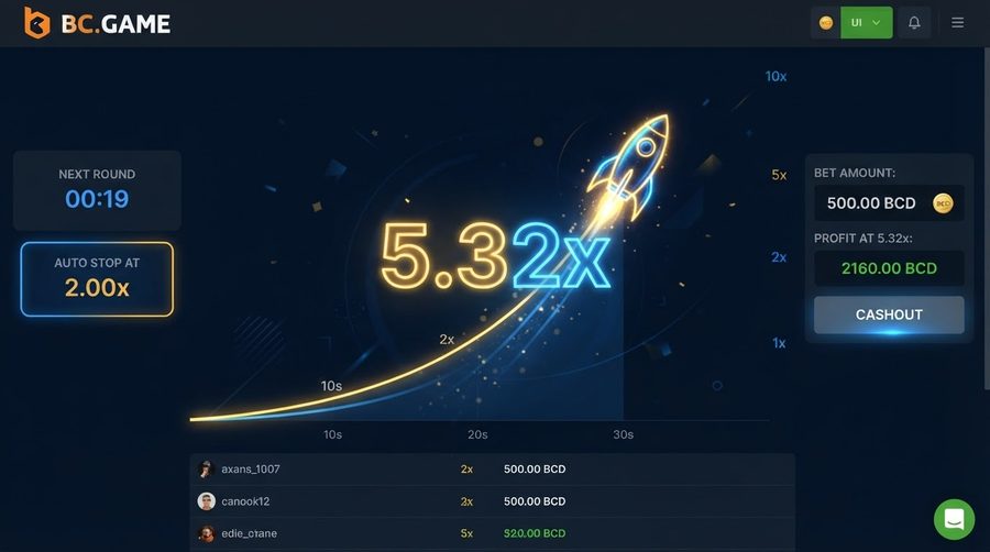 BC Game crash game multiplier rocket flying upward