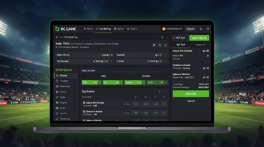 BC Game sportsbook cricket football live betting interface